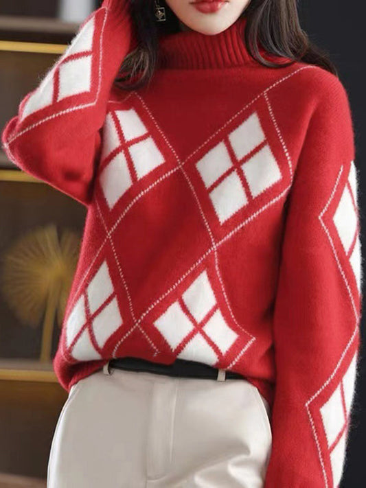 Casual Red High-Neck Contrast Color Plaid Long Sleeves Sweater QX014 shopify