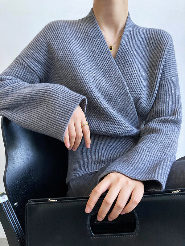 French Grey Cross V-Neck Long Sleeve Sweater QX012 shopify