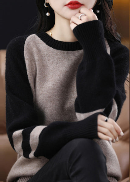 French Black Striped Patchwork Cashmere Knit Sweater Fall QP025 OL-NTP241001