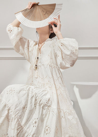Beige V Out Hollow Lantern Cotton Neck Style Dresses French FashionChic