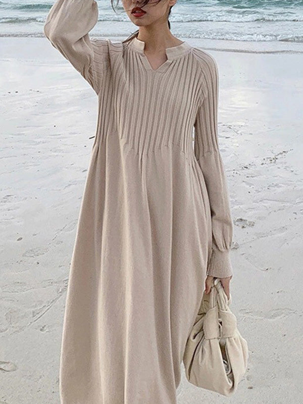 Causal Loose Grey V-Neck Pleated Long Puff Sleeve Knit Dress AN1038 Genistyle Shop