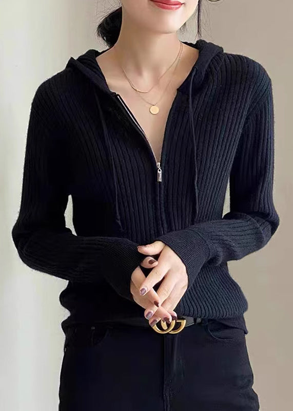 Loose White Zippered Patchwork Striped Wool Knit Hooded Cardigans Fall QP021 OL-NCT241001