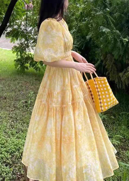 V Long Summer Print Bohemian Yellow Neck Chiffon Dress FashionChic