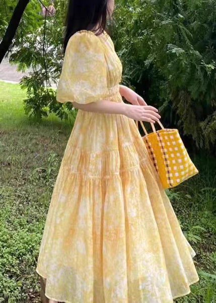 Print Bohemian Long Yellow V Neck Summer Dress Chiffon FashionChic