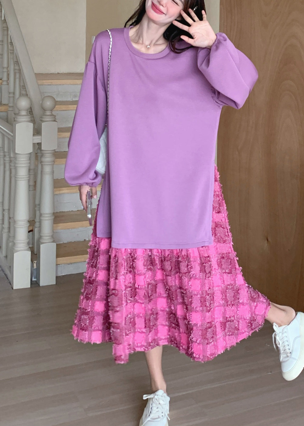 Purple Dress Spring Plaid O-Neck Loose Maxi FashionChic