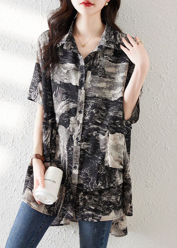 Loose Black Button Print Low High Design Cotton Shirt Summer NN045 shopify