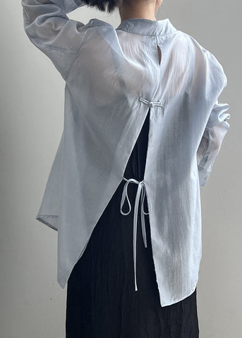 Open Up Pan Peter Spring Blouses Silk Lace Side Collar Blue FashionChic