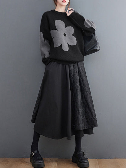 Cute Loose Black Round-Neck Contrast Color Flower Long Sleeve Sweater AN1070 Genistyle Shop