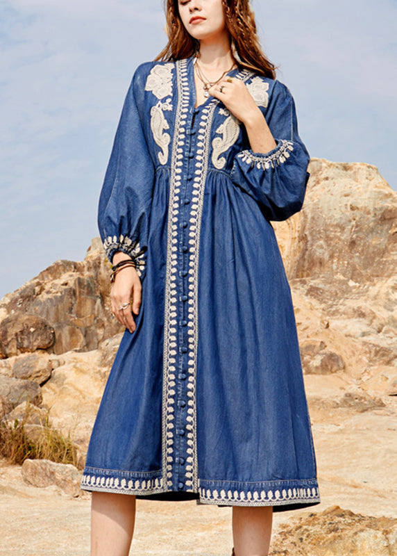 Women Navy V Neck Embroidered Patchwork Denim Maxi Dresses Spring NN022 shopify