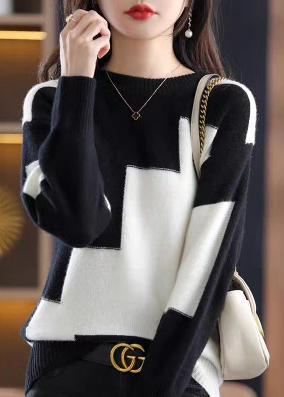 Natural White O-Neck Patchwork Thick Cashmere Knit Sweater Fall QP024 OL-NTP241001