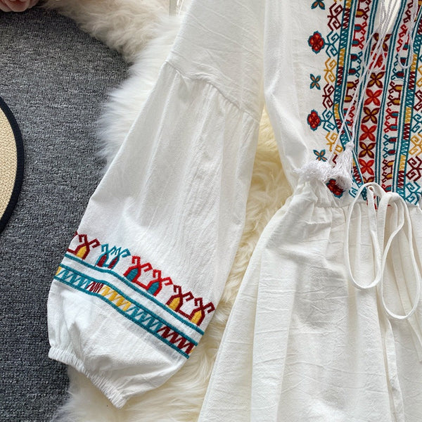 Ethnic Yellow Crew-neck Embroidery Raglan Long Puff Sleeve A-line Dress AR1006 shopify