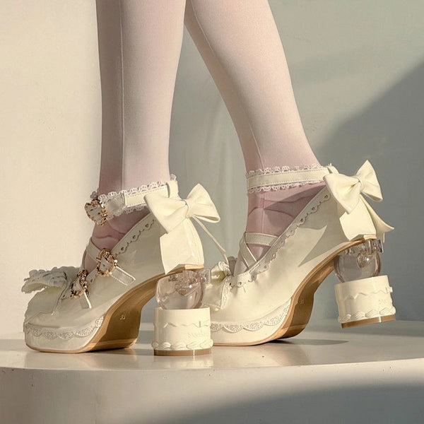- Heart Heel Cake with Mary Bow Buckle Platform Details Lolita High-heel White Janes Sweet FashionChic