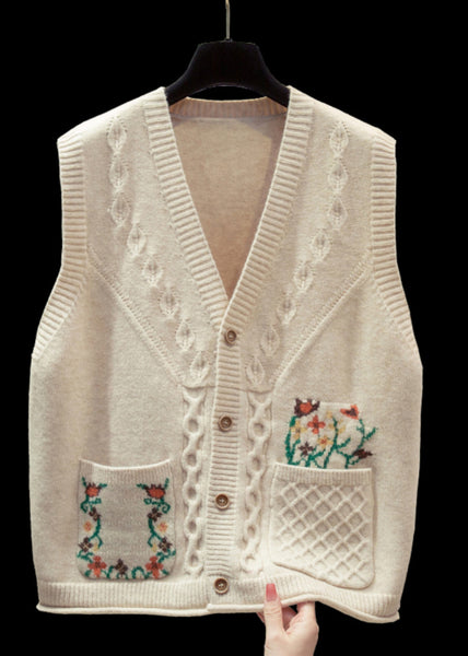 Natural Yellow V Neck Floral Cotton Knitted Waistcoat Fall QP014 OL-NTP241001