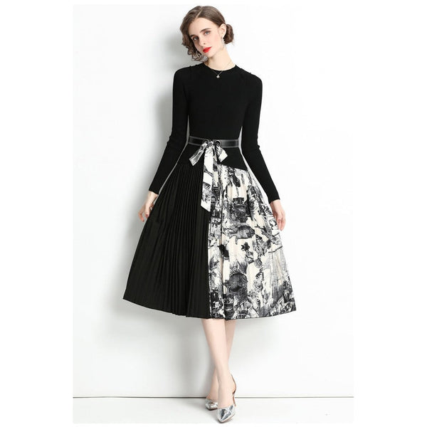 Women Black O-neck Belt Patchwork Floral Print Pleated Hem Long Sleeve Knit Dress AR1001 shopify