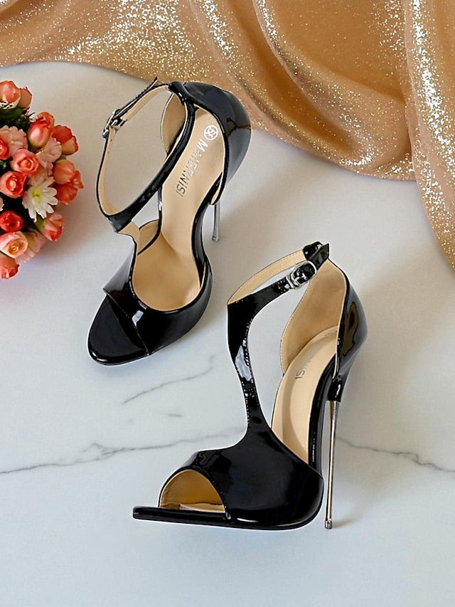 Women's Strappy Red Open Stiletto Heels Leather - Patent FashionChic