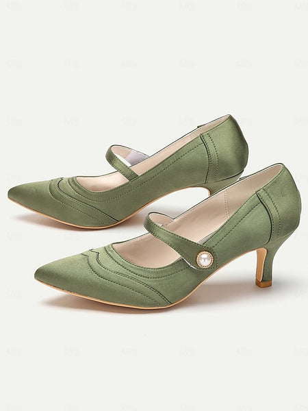 Heels Jane Satin Green Button Pearl - with Elegant Mary FashionChic