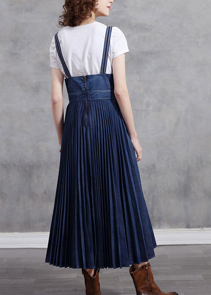 Stylish Blue Patchwork Spaghetti Strap Pleated Denim Dress Summer NN014 shopify