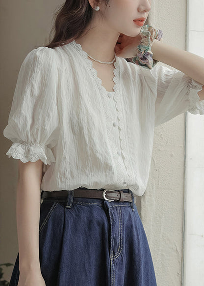 Summer Neck V Lace Casual Top Patchwork White FashionChic