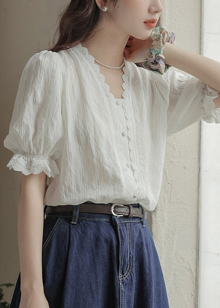 Summer Neck V Lace Casual Top Patchwork White FashionChic