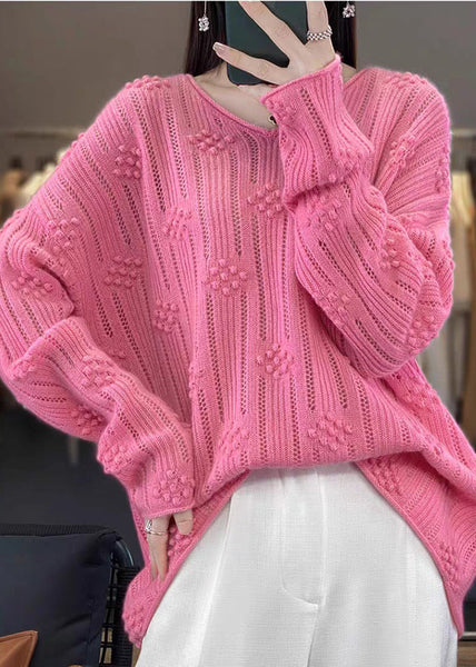 Casual Rose V Neck Hollow Out Cotton Knit Sweaters Fall QP016 OL-NTP241001