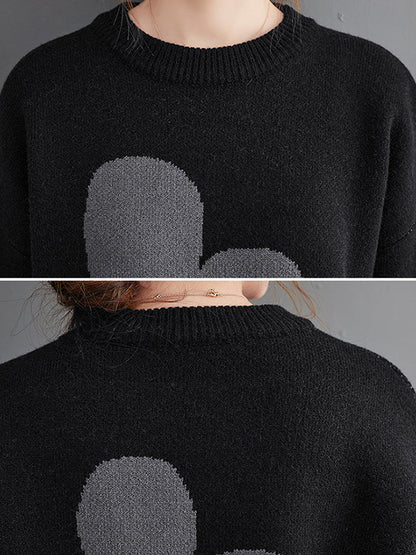 Cute Loose Black Round-Neck Contrast Color Flower Long Sleeve Sweater AN1070 Genistyle Shop