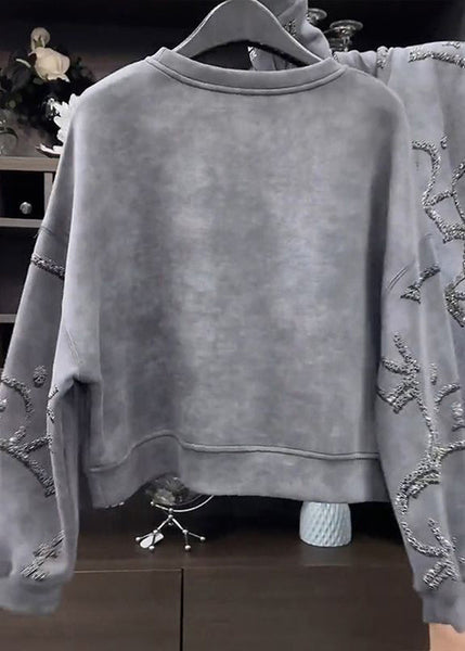 Fashion Grey O-Neck Sequins Sweatshirt Fall WD035 OL-NTP241103