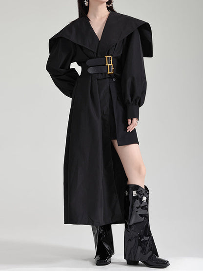 Pleated Black Asymmetric Lapel Waisted Long High Modern Belted FashionChic