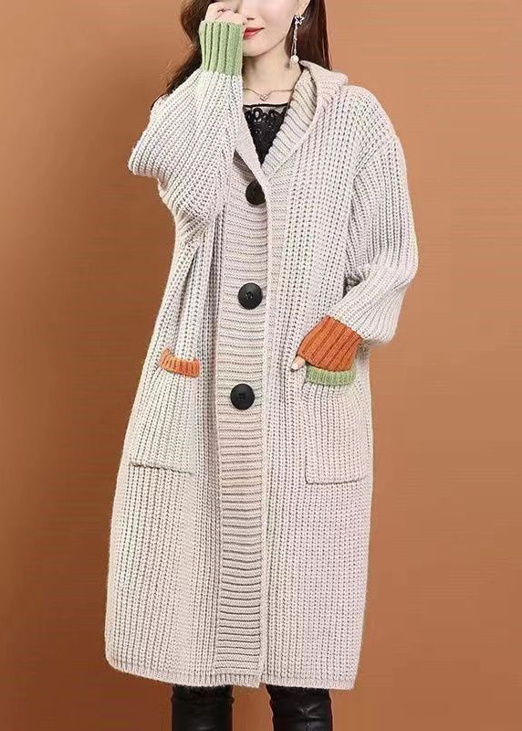Handmade Grey Pockets Button Cotton Knit Long Hooded Cardigans Winter WD027 OL-NCT241103