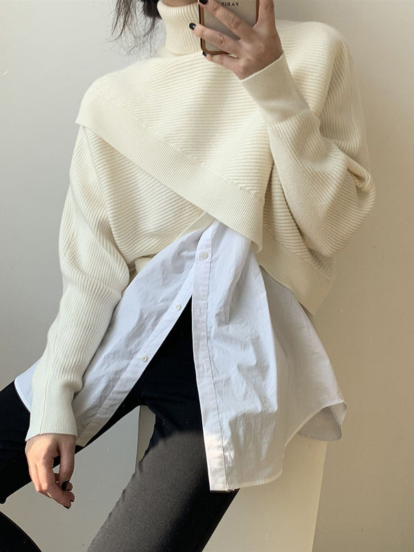 Urban White High-Neck Split-Front Long Sleeve Crop Sweater AN1034 Genistyle Shop