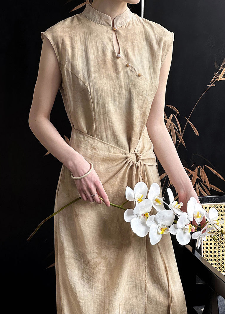 Khaki Drawstring Silk Cotton Long Dresses Stand Collar Sleeveless AF1031 HS-SDL240914