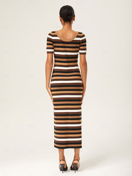 Coffee Striped Fitted Maxi Dress