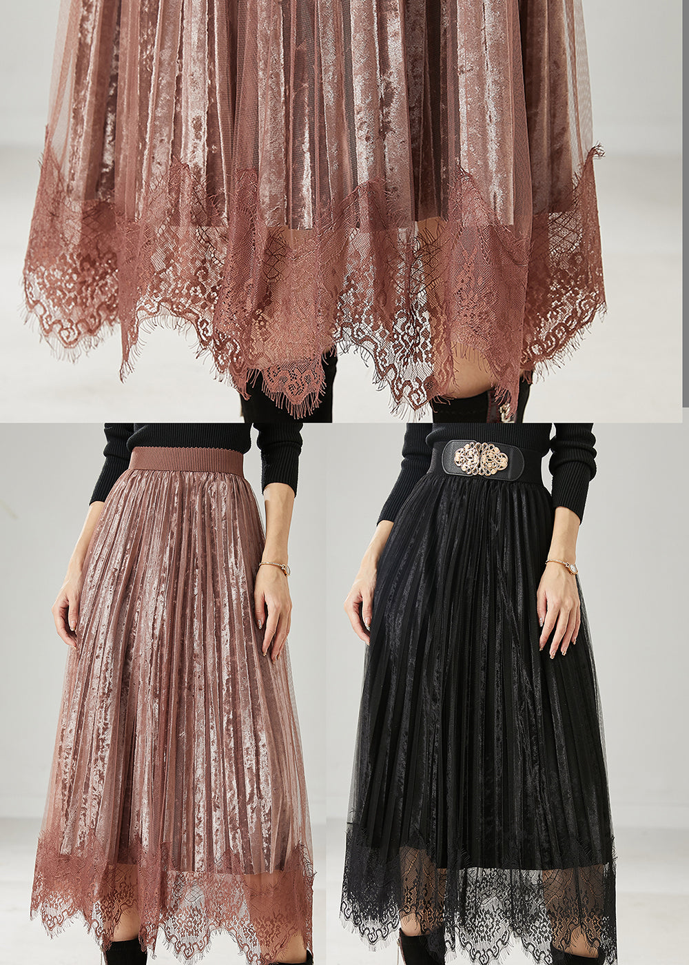 Modern Brown Patchwork Lace Silk Velvet Pleated Skirts Spring AZ1039 shopify