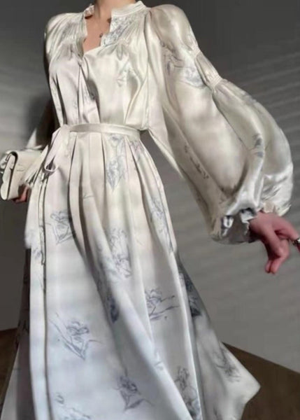 French Beige Print Tie Waist Silk Maxi Dress Long Sleeve AJ1016 shopify