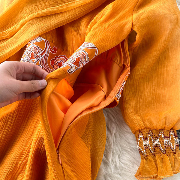 Retro Orange V Neck Splicing Embroidered Waistband Lantern Sleeve Dress AR1013 shopify