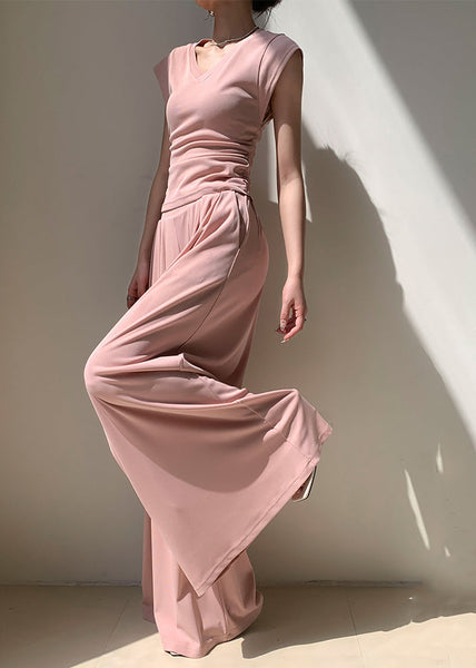 Women Pink Pockets Elastic Waist Cotton Wide Leg Pants Summer EE059 shopify