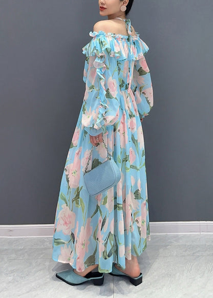 Fashion Blue Cold Shoulder Ruffled Patchwork Chiffon Dresses Long Sleeve AO1008 JDML-FDL240909