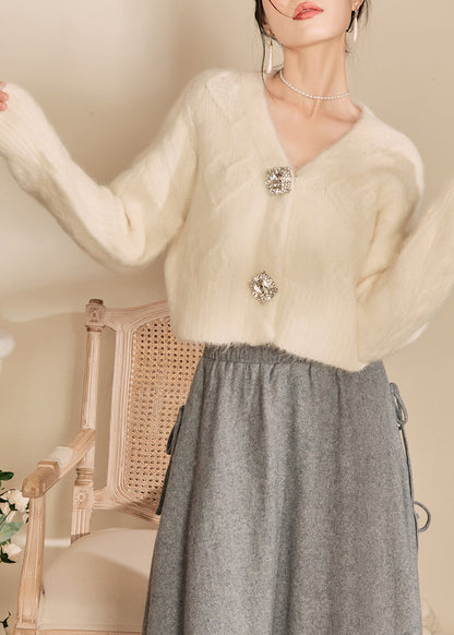 Fashion White V Neck Woolen Short Cardigans Fall WV014 ABC