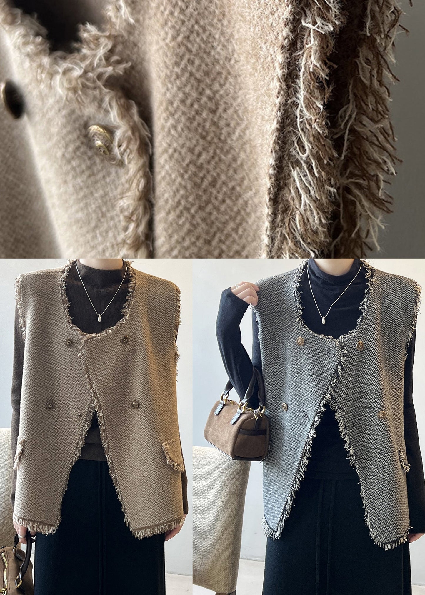 Chic Grey Tasseled Double Breast Knit Vest Sleeveless AF1053 HS-VTP240914