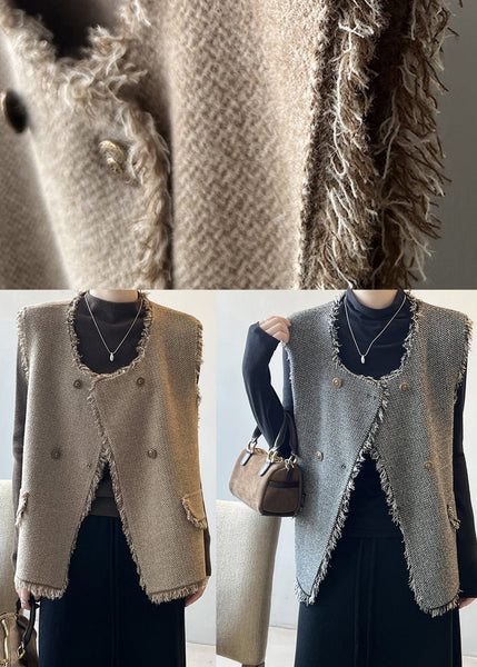 Coffee Knit Vest Tops Tasseled U Neck Sleeveless AF1033 HS-VTP240914