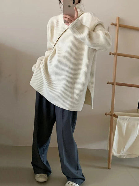 Simple Blue High Neck Split-Side Long Sleeve Sweater QX013 shopify