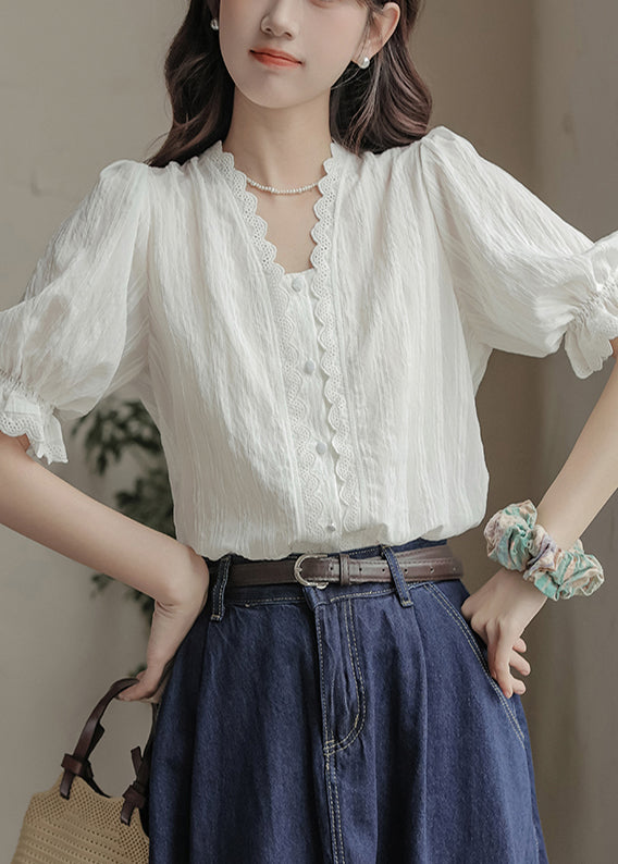 Summer Neck V Lace Casual Top Patchwork White FashionChic