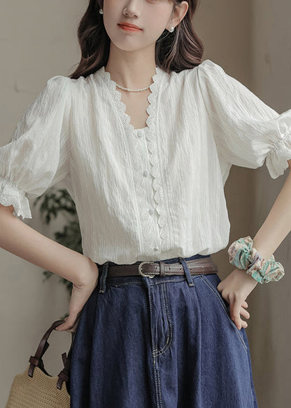 Summer Neck V Lace Casual Top Patchwork White FashionChic