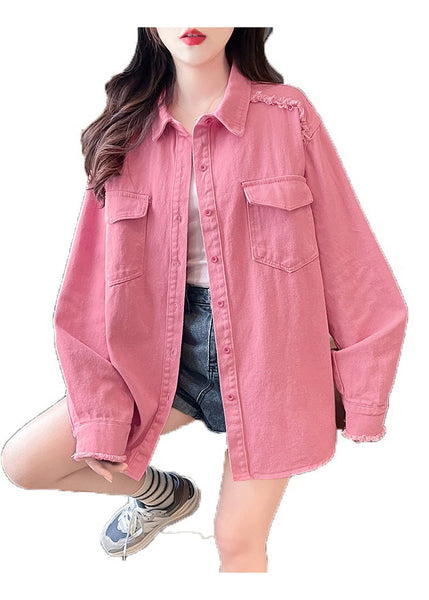 Casual Pink Peter Pan Collar Pockets Denim Shirts Coat Fall QX021 shopify