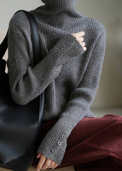 Boutique Camel Hign Neck Button Thick Knit Sweaters Fall AF1067 HS-NTP240914
