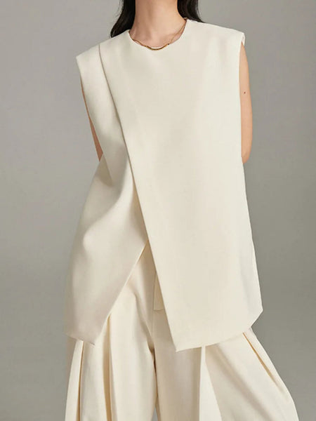 Modern Sleeveless Slit Tunic Top Hem O-neck Cream FashionChic