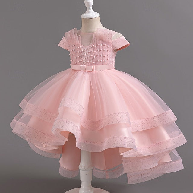 Girls' Dress Party Kids Color Wedding Sleeve Short Solid FashionChic