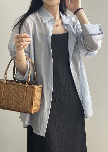 Open Up Pan Peter Spring Blouses Silk Lace Side Collar Blue FashionChic