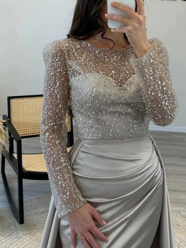 RuchedSatin Dress Sleeves Mermaid Gown Evening Sequin Long FashionChic