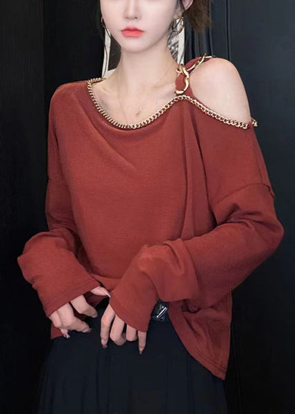 Chic Red Cold Shoulder Chain Linked Cotton Top Long Sleeve TT1001 shopify