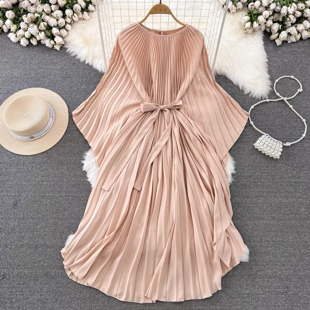 Italian Pink Batwing Sleeve Lace-up Pleated Dress AZ1004 Genistyle Shop